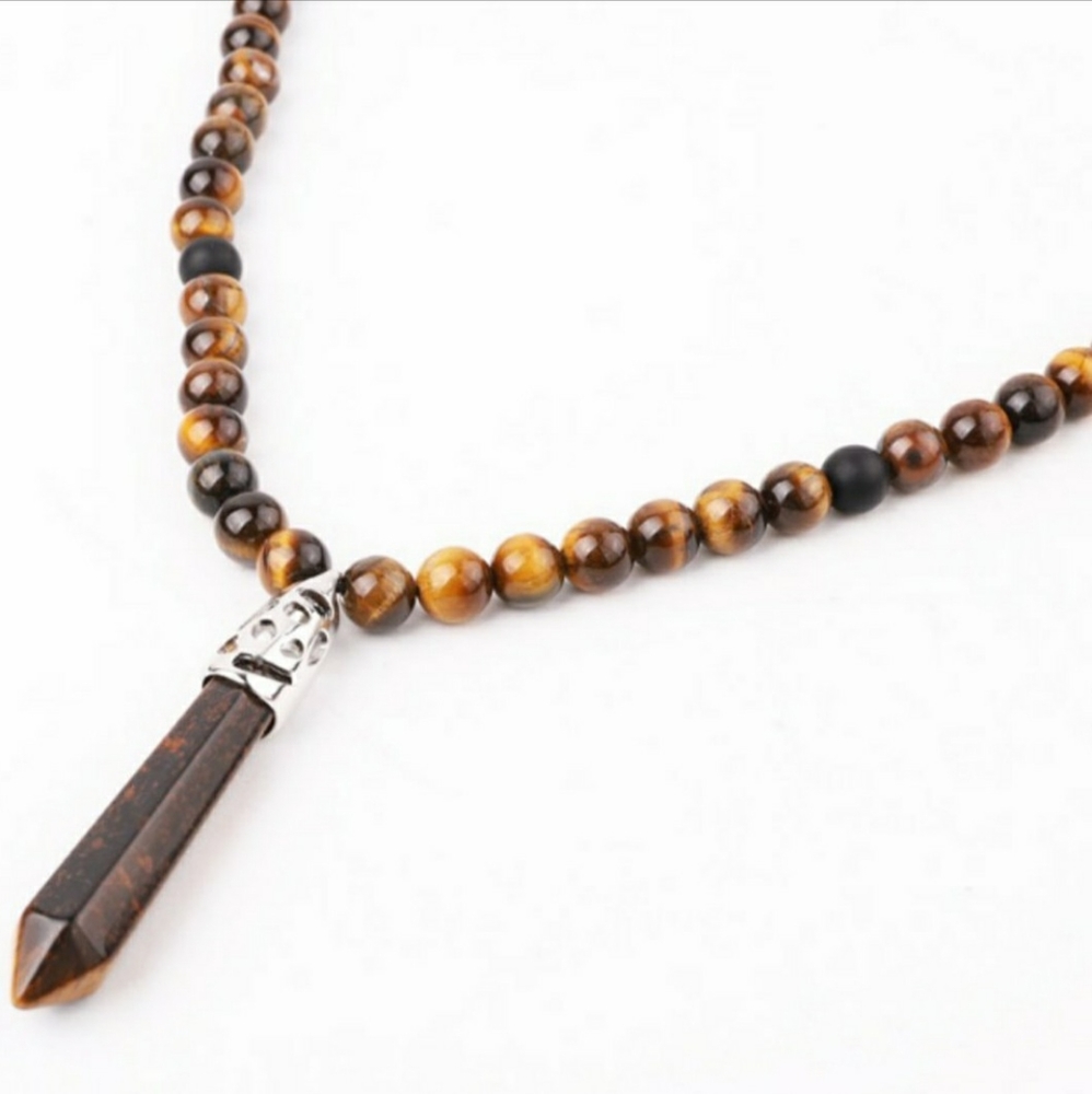 Brown Tigers Eye & Black Onyx Necklace with Healing Point Pendant